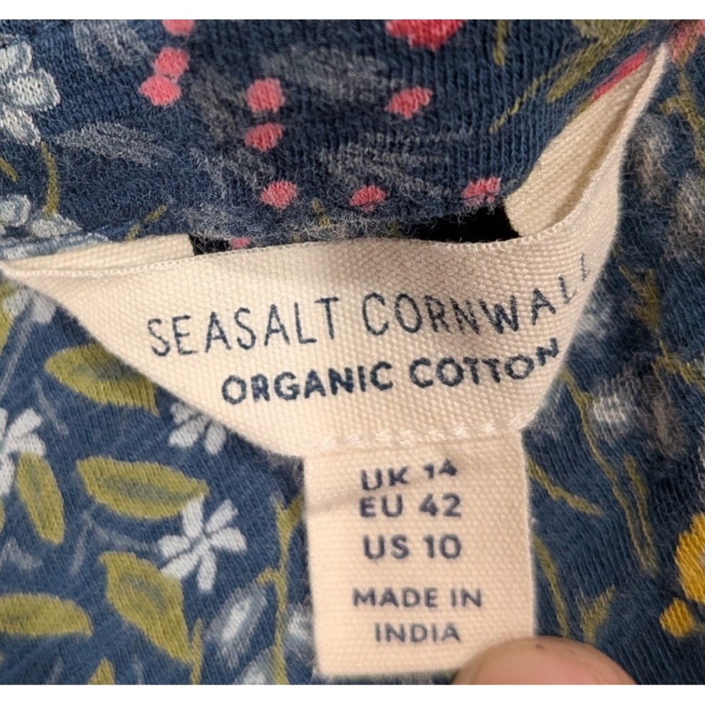 Seasalt Cornwall Blouse Womens 10 Blue Floral Organic Cotton V-Neck Top - Picture 2 of 4